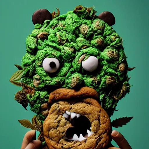 Prompt: cookie monsta made of weed buds eating a cookie photography portrait trichome monster stylised jonathan zawada soft lighting