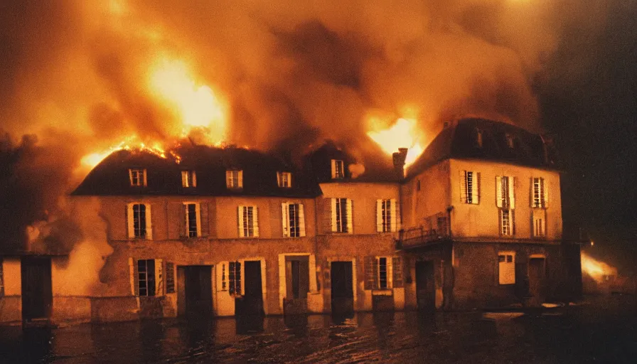 Image similar to 1 9 7 0 s movie still of a heavy burning french style townhouse in a small french village by night, rain, heavy smoke, cinestill 8 0 0 t 3 5 mm, heavy grain, high quality, high detail, dramatic light, anamorphic, flares