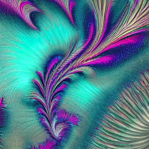 Prompt: an highly detailed irregular warped fractal of feathers by Dean Roger, background of outer space neon nebulas by Pilar Gogar, 8k hdr octane render