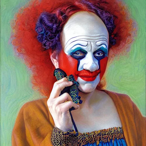 Prompt: portrait of a woman with a painted wood mask, clown pattern, by donato giancola.