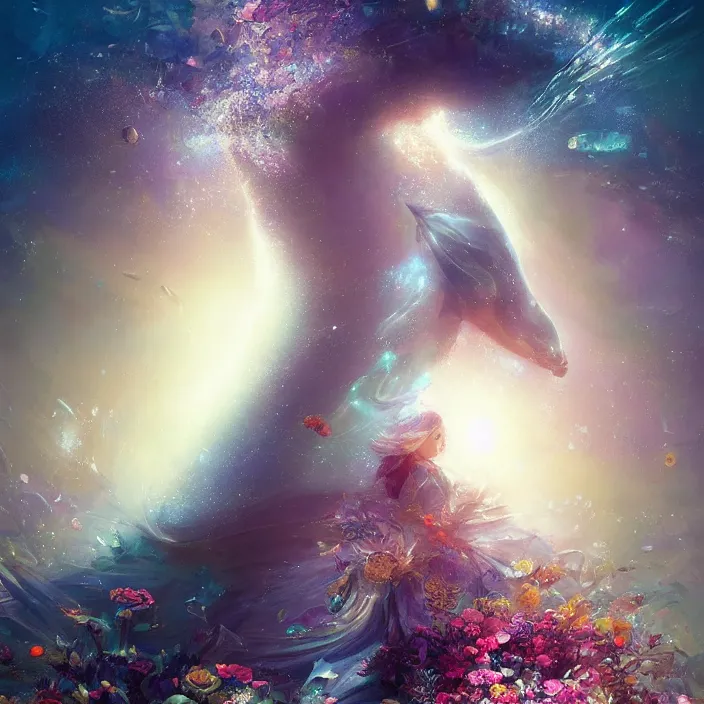 Image similar to glimmering whale, flowing dress, flowers, cosmos, milky way galaxy, golden hour, god rays, coral reef, dreamscape by artgerm and ruan jia and ismail inceoglu and greg olsen, masterpiece, beautiful, intricate, elegant, highly detailed