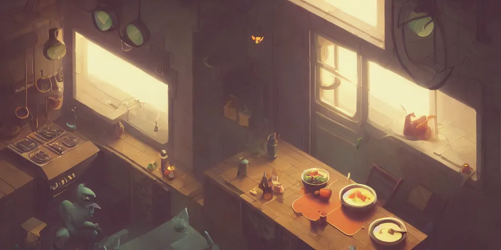 Prompt: cute solitary kitchen dim lit by a candle ripped physique simon stalenhag gerald brom bastien grivet by greg rutkowski, game background, fisheye lens, high angle view, curved lines