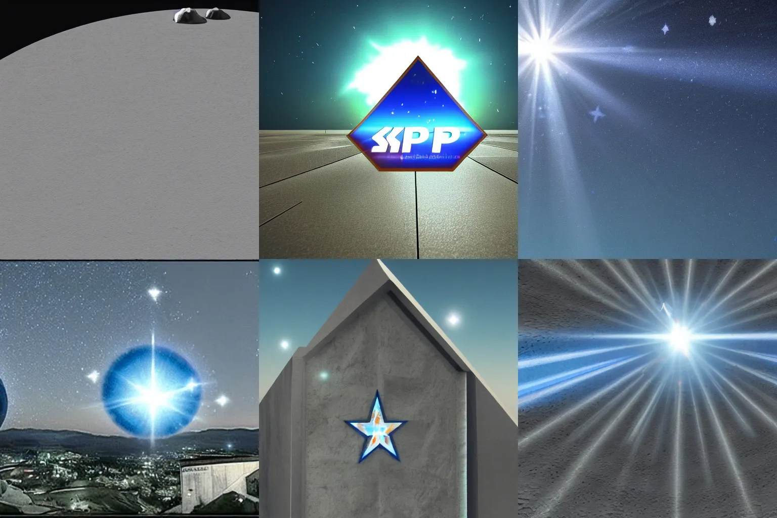 Image similar to Blue Text that says \'3kliksphilp\', with a picture of a concrete building in a martin crater, with a star in the sky with creating lens flare, CGI