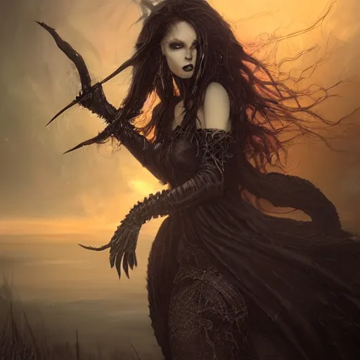 Image similar to kerli koiv as a black sabbath witch, darkwave, darksynth, concept headshot art, sharp, digital matte painting, art by luis royo, greg rutkowski, wlop, dramatic lighting, trending on artstation