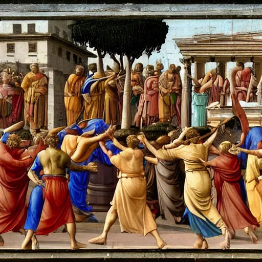 Image similar to painting of jesus christ attacking the money changers outside the temple, donatello, giotto, leon battista alberti, cimabue, filippo brunelleschi, fra angelico, lorenzo ghiberti, hildegard of bingen, giotto di bondone