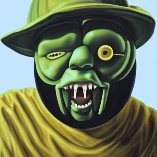 Image similar to beautiful lifelike painting of mf doom knowing what time it is like its time for teletubbies, hyperreal detailed facial features and uv lighting, art by ed roth and basil wolverton