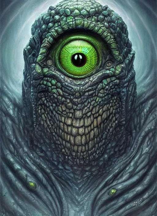 Image similar to hp lovecraft monster mf doom reptile eyes, blue skin, highly detailed, centered, digital painting, artstation, concept art, smooth, sharp focus, illustration, artgerm, tomasz alen kopera, peter mohrbacher, donato giancola, joseph christian leyendecker, wlop, frank frazetta