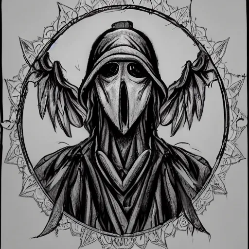 Image similar to 4K headshot portrait of godlike Plague Doctor of Nazareth with defined arms and open hands and bloody clothes with giant mandala wings , intricate face , flawless anime cel animation by Kentaro Miura, psychedelic , highly detailed upper body , professionally post-processed , beautiful, scary, symmetry accurate features, epic, octane rendered, anime masterpiece, accurate by Craig Mullins, ilya kuvshinov, krenz cushart, epic , artgerm trending on artstation by Edward Hopper and Dan Mumford and WLOP and Rutkovsky, beksinski carl spitzweg moebius and tuomas kocar, intricate artwork by caravaggio, Unreal Engine 5, Lumen, Nanite