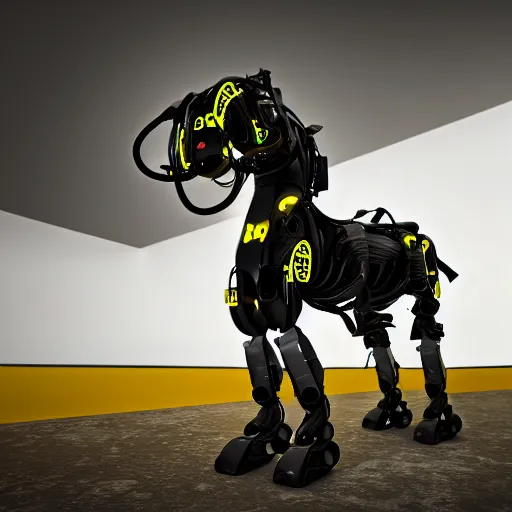 Image similar to boston dynamics horse robot, black with yellow accents, photorealistic, 8 k, octane render