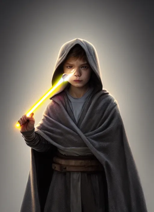 Image similar to perfectly - centered - portrait of a kid wearing grey cloak holding light saber, intricate, highly detailed, digital painting, artstation, concept art, smooth, sharp focus, illustration, unreal engine 5, 8 k, art by artgerm and greg rutkowski and alphonse mucha