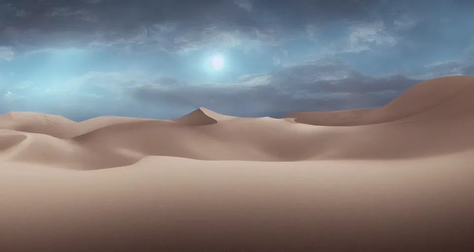 Image similar to a matte painting of desert dunes with blue light falling on them, trending on artstation