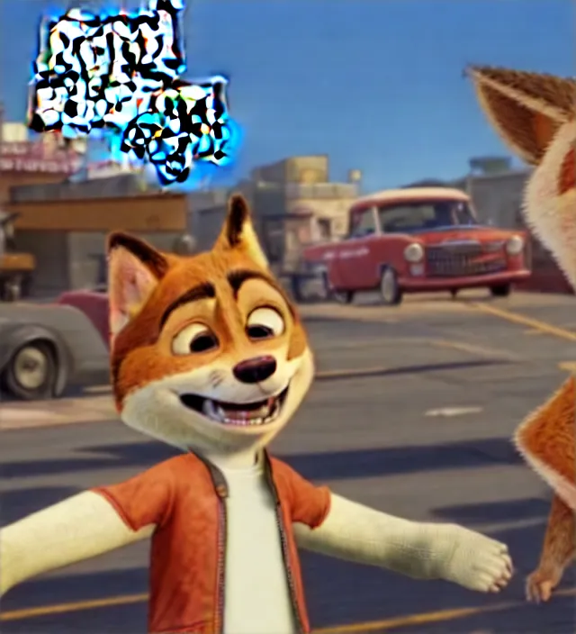 Image similar to Screenshot of Grand Theft Auto: San Andreas loading screen featuring Nick Wilde (from Zootopia)