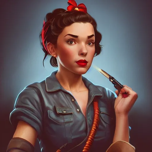 Prompt: A portrait of Rosie the Riveter, final fantasy, digital painting, portrait , cinematic lighting, highly detailed, artstation, concept art, illustration, smooth, sharp focus, artgerm , greg rutkowski, alphonse mucha, editor's pickup, trending on artstation, trending on deviantart, wlop, 8k