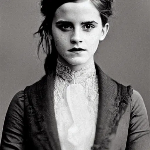 Image similar to victorian photograph of emma watson, 1 8 9 0 s photography, 1 9 0 0, realistic face, symmetrical face, studio photograph, grainy, edwardian, old photo