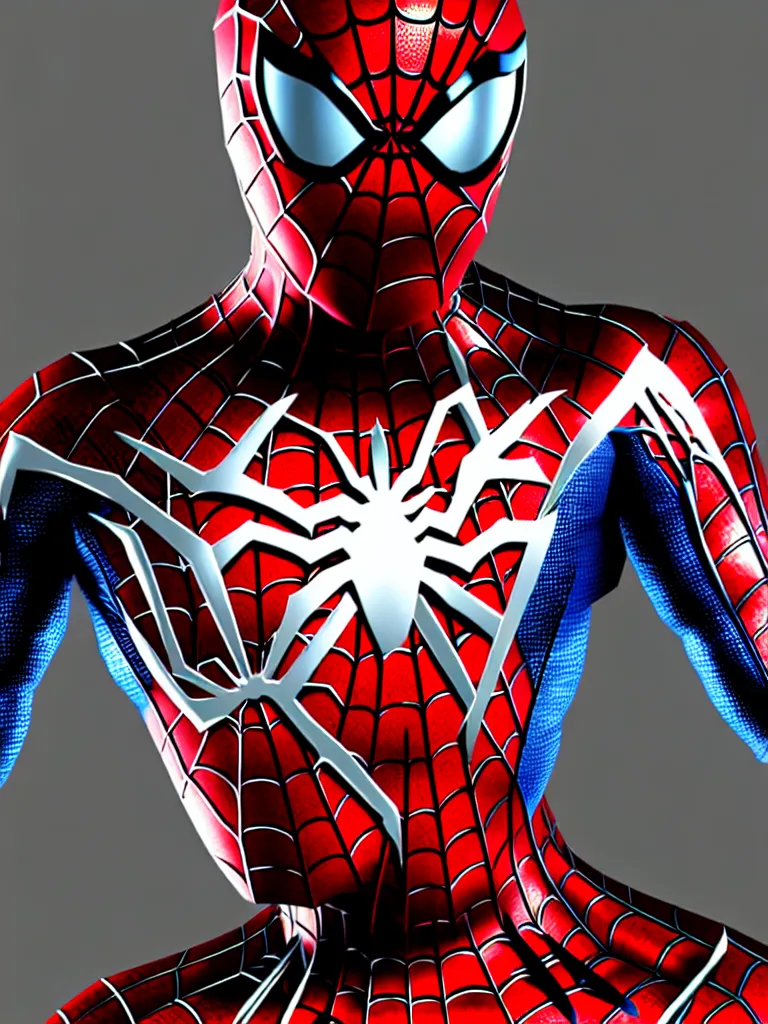 Image similar to spider man all metal suit, red chrome, shiny, reflective, metallic, 3 d render, realistic, hdr, stan winston studios, dramatic lighting, mirror finish