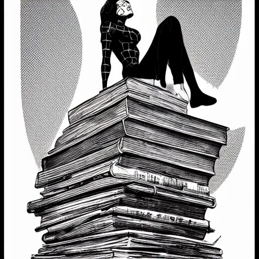 Prompt: clean simple line art of a woman sitting on top of a tall pile of books. white background. well composed, clean black and white line drawing, beautiful detailed face. illustration by josan gonzalez and steve ditko and greg rutkowski