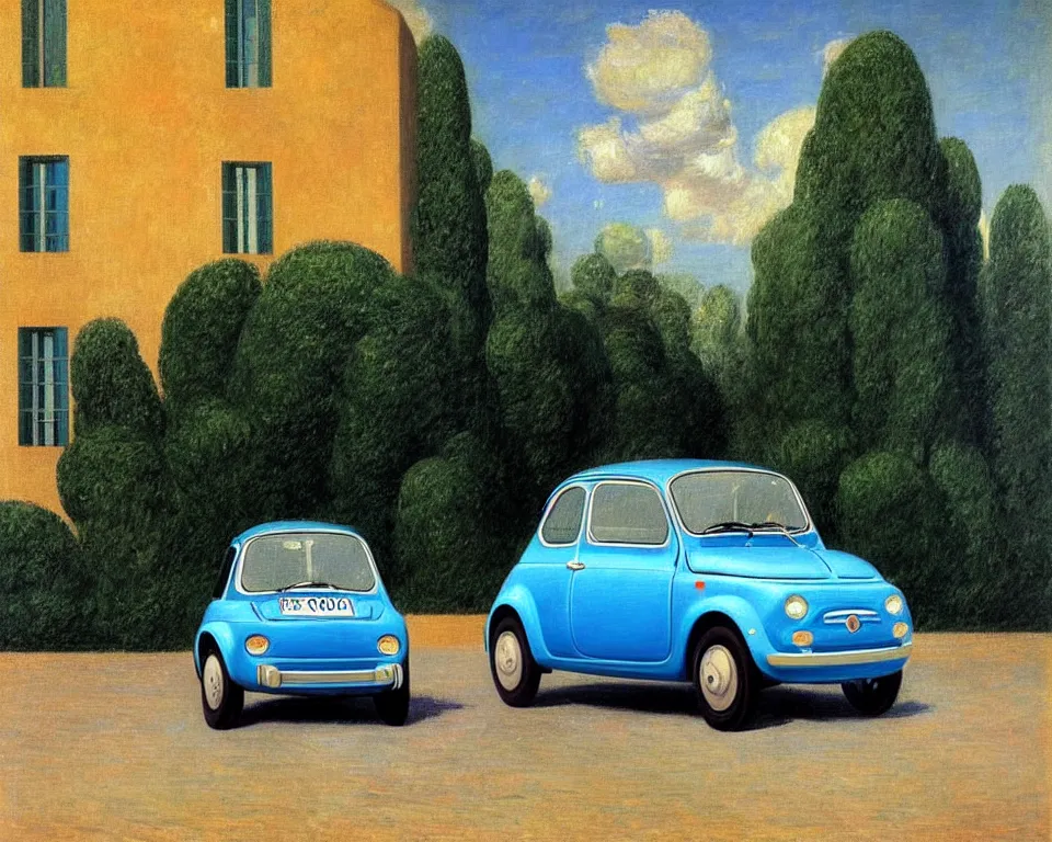 Prompt: achingly beautiful painting of a fiat 5 0 0 by rene magritte, monet, and turner. whimsical.