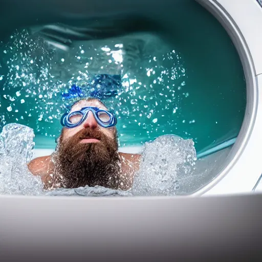 Prompt: tiny bearded Canadian snorkeling inside washing machine, photo, detailed, 4k