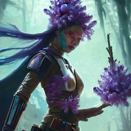 Image similar to mandalorian, floral explosion, radiant light, vortex of wisteria petals, oil painting, Tooth Wu, Greg Rutkowski, RPG portrait, dynamic lighting, fantasy art, High contrast, depth of field