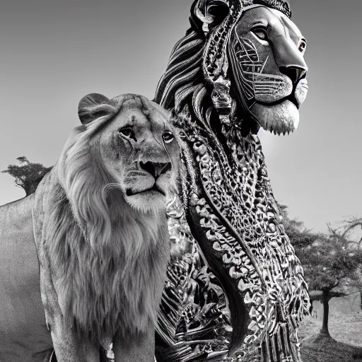 Image similar to professional photograph portrait of African Elvin princess, standing by statue of a lion, intricate complexity, manga styling, intricate complexity, subsurface scatter, drum scanner, 8k render