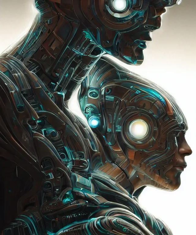 Image similar to a man turning into an android portrait wearing a part cybernetic body, surrealism, scifi, intricate, elegant, sharp eyebrows, highly detailed cybernetic body, neon glowing eyes, digital painting, artstation, concept art, smooth, sharp focus, illustration, art by artgerm and moebius and peter mohrbacher