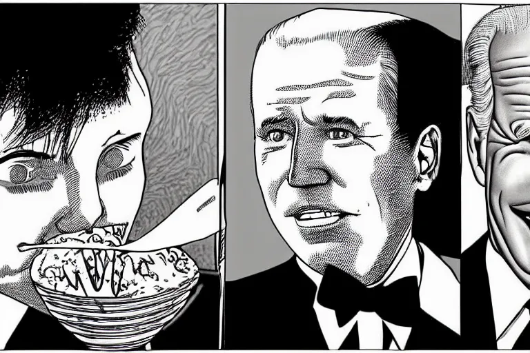 Prompt: Joe Biden will eat your ice cream and eat you if you are bad, Junji Ito