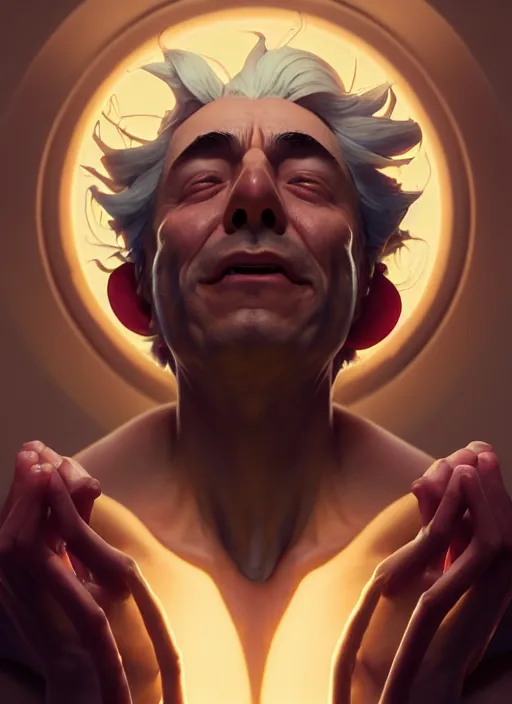 Image similar to symmetry, concept art by artgerm, distance portrait of a hyper realistic, happy, rick sanchez by greg rutkowski, alphonse mucha, octane render, highly detailed, high quality, 8 k, soft lighting, path traced, and uang guangjian and gil elvgren, symmetry!!