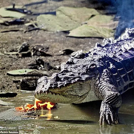 Image similar to found footage of an alligator living in a cottage on fire