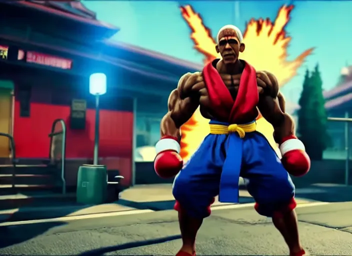 Prompt: ` barrack obama in street fighter v ( 2 0 1 7 ), dynamic pose, official media, ps 4 in - game cinematic, 5 k