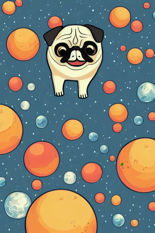 Prompt: planet pug floating in space, art by brian miller, sticker, colorful, illustration, highly detailed, simple, smooth and clean vector curves, no jagged lines, vector art, smooth