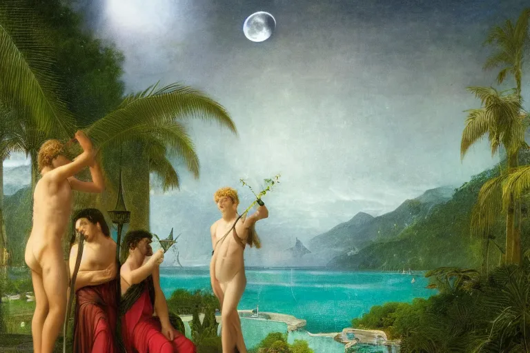 Image similar to The gazebo chalice, refracted moon sparkles, thunderstorm, greek pool, beach and Tropical vegetation on the background major arcana sky and occult symbols, by paul delaroche, hyperrealistic 4k uhd, award-winning, very detailed paradise