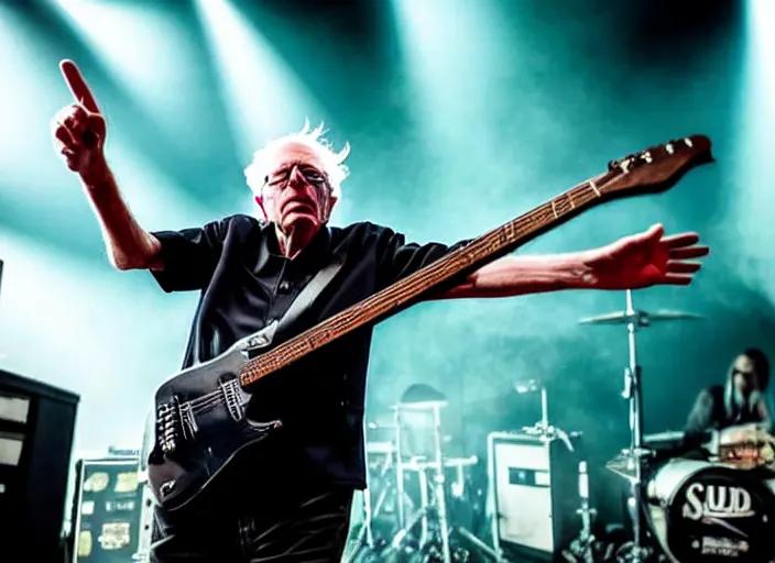 Image similar to publicity photo still of bernie sanders in a death metal band playing live on stage, 8 k, live concert lighting, mid shot