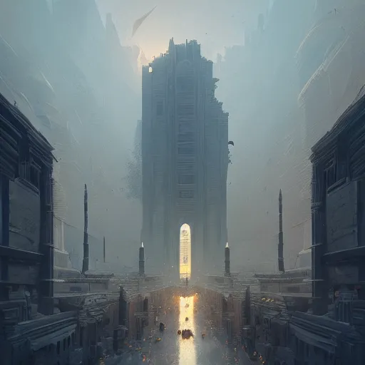 Prompt: gigantic city with pillars and long walls, darkness lurks within, artwork by tooth wu and wlop and beeple and greg rutkowski