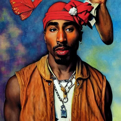 Image similar to Tupac, illustrated in whimsical style, Illustration by Norman Rockwell, loish, oil painting,