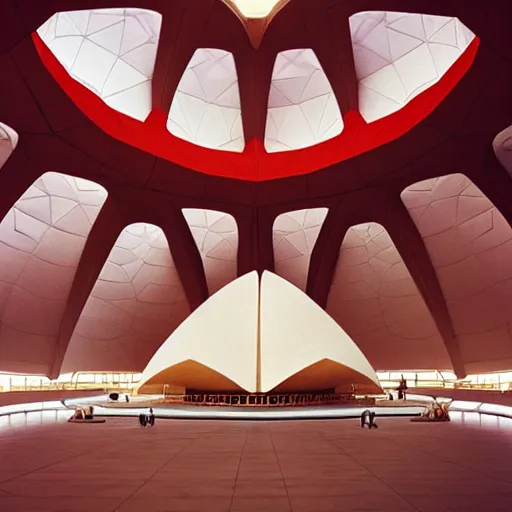 Image similar to interior of a futuristic lotus temple with gold, red and white marble panels, in the desert, by buckminster fuller and syd mead, intricate contemporary architecture, photo journalism, photography, cinematic, national geographic photoshoot