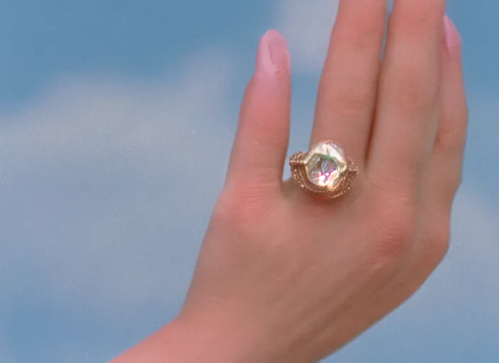Image similar to a huge glimmering dimond ring on a lady hand in the 8 0's. closeup. clouds in the background