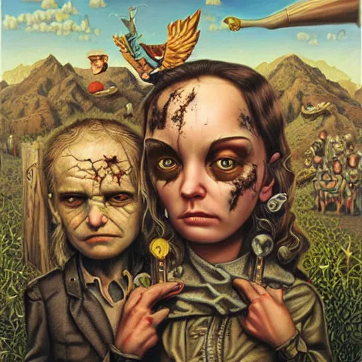 Prompt: post-apocalyptic survivors, painting by Mark Ryden and Alex Gross, Todd Schorr highly detailed