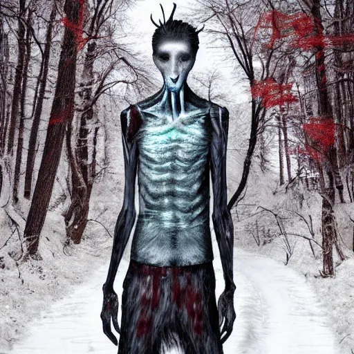 Image similar to horrifying digital art of a blood soaked skinwalker, lanky, skinny, pale skin, snow, forest, dark, horrifying