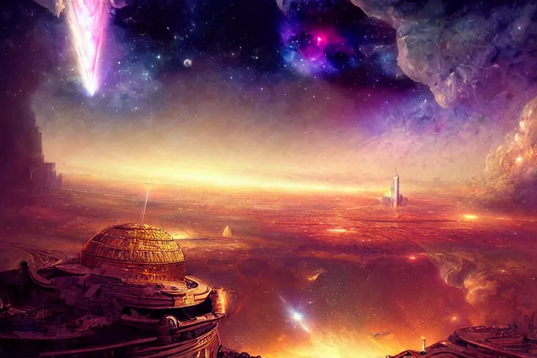 Prompt: The golden city of New Jersualem in the clouds, the orion nebula in the sky, nebula, fantasy city, fantastical architecture, divine, holy, art by Stephan Martinière, Martinière artwork, fantasy, beautiful, HD