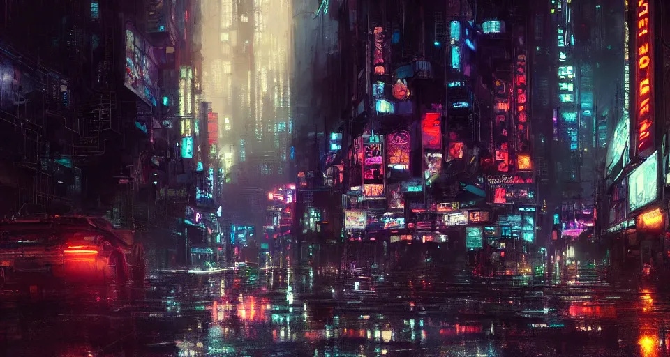 Prompt: a night scene in a cyberpunk city with intricate neon lights, by jeremy mann, by greg rutkowski, by noah bradley, digital painting