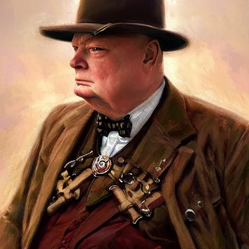 Prompt: Winston Churchill as a fantasy D&D cleric, portrait art by Donato Giancola and James Gurney, digital art, trending on artstation