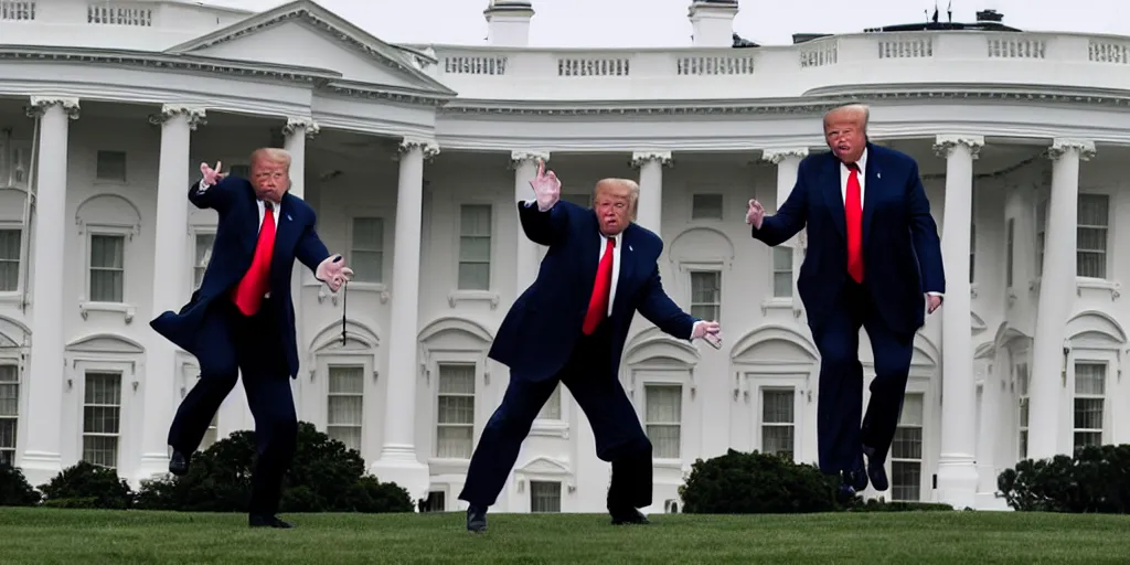 Prompt: a professional cinematic photo of one single donald trump fighting one single elon musk on top of white house. extremely high fidelity. key light.