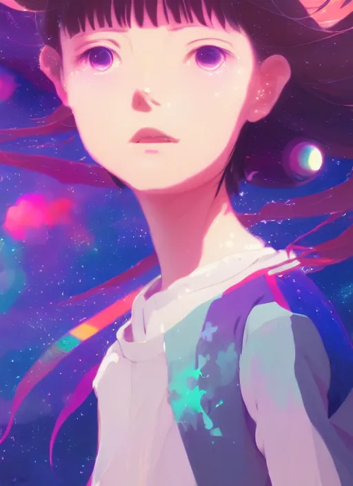 Image similar to portrait of cute girl, very psychedelic space background illustration concept art anime key visual trending pixiv fanbox by wlop and greg rutkowski and makoto shinkai and studio ghibli and kyoto animation