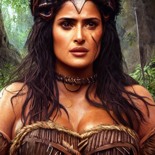 Image similar to portrait of salma hayek as barbarian warrior in a jungle, au naturel, hyper detailed, digital art, trending in artstation, cinematic lighting, studio quality, smooth render, unreal engine 5 rendered, octane rendered, art style by klimt and nixeu and ian sprigger and wlop and krenz cushart.