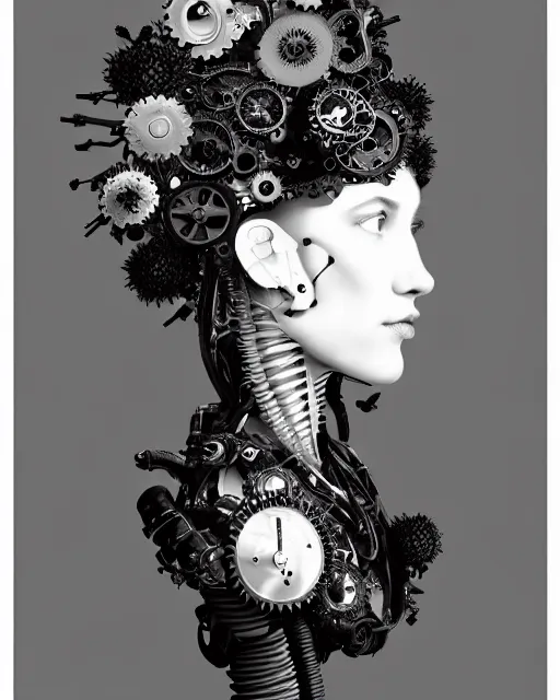 Image similar to black and white dreamy foggy profile face portrait, one steampunk eye biomechanical beautiful young female cyclope - cyborg - robot bust, body ribs meshes,, volumetric light, hibiscus flowers, by hg giger, rim light, by dora maar and cecile beaton, big gothic fashion pearl embroidered collar, 8 k
