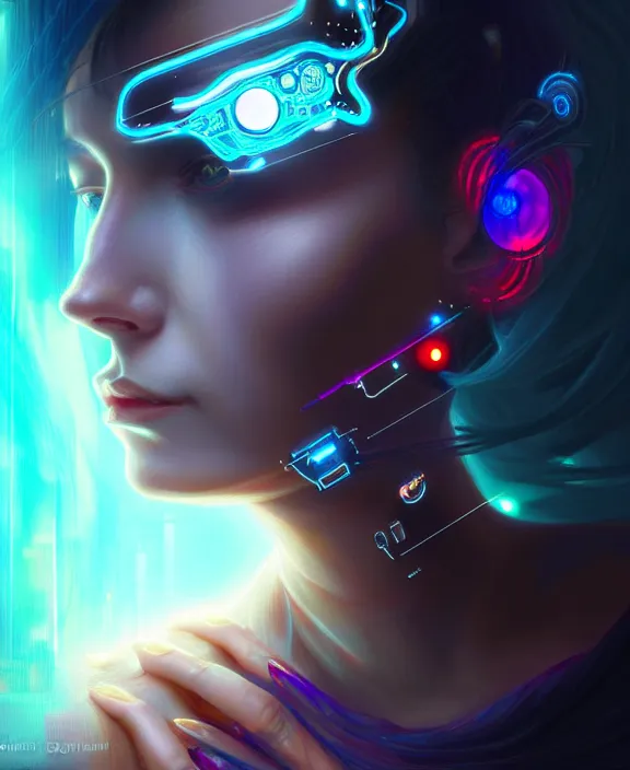 Image similar to a whirlwind of souls rushing inside the metaverse, hologram, half body, neurochip, shaved temple, piercing, jewelry, android, cyborg, cyberpunk face, by loish, d & d, fantasy, intricate, elegant, highly detailed, colorful, digital painting, artstation, concept art, art by artgerm and greg rutkowski and alphonse mucha