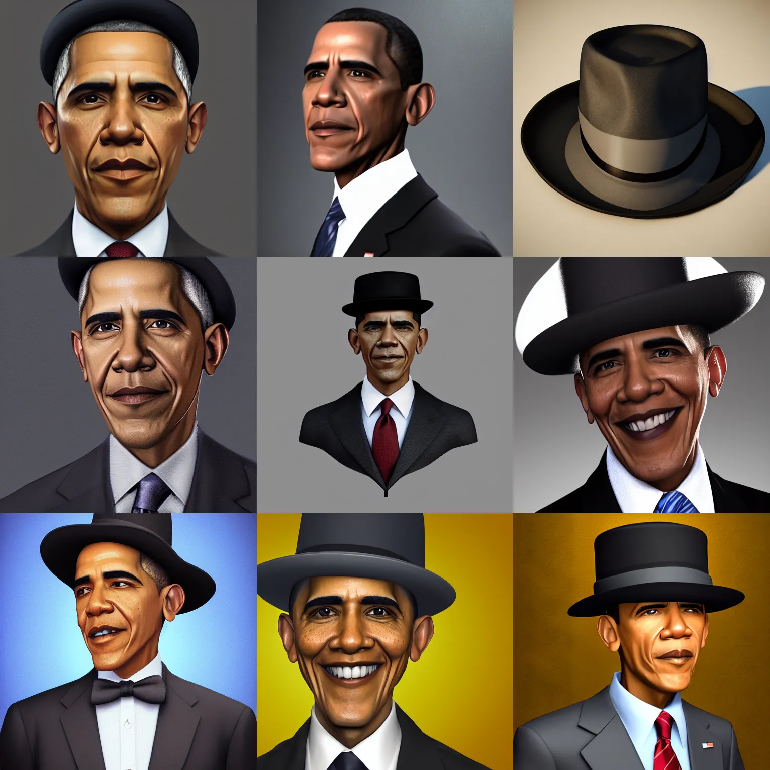 Prompt: headshot of obama smirking with a bowler hat and suit and tie, oil painting, hyperrealistic, dynamic lighting, DAZ, unreal engine 5