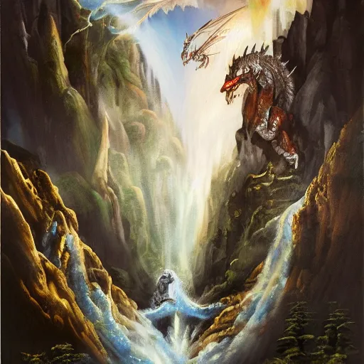 Image similar to oil painting of a dragon flying in the air near a cave with a waterfall in the center, light emanating from the waterfall leading to a big pool of water, dragon has black and white siberian tiger stripes, elegant, sharp focus, wide shot, clear, detailed, early renaissance