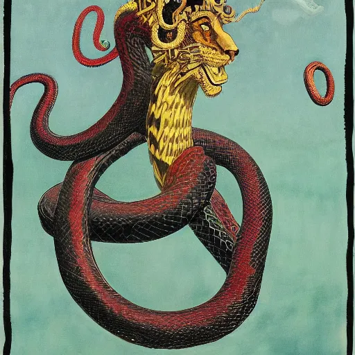 Image similar to demiurge serpent serpent python wearing a lion costume furry ears neck neck tall long viper tombow peter doig greg rutkowski giorgio de chirico arsen savadov dan witz vik muniz