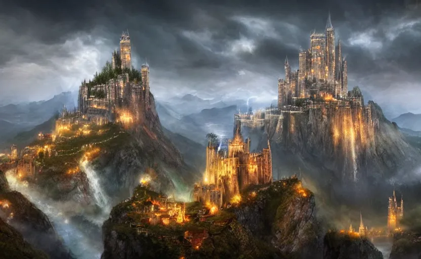 Image similar to beautiful secret city of the elves gondolin on top of a mountain, magical gloomy mystical. by konstantin razumov, fractal flame, chiaroscuro, highly detailded, mech robot